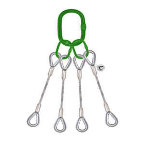 4 LEG WIRE SLING MASTER LINK ASSEMBLY ON TOP AND LEGS ENDING IN THIMBLE HARD EYES
